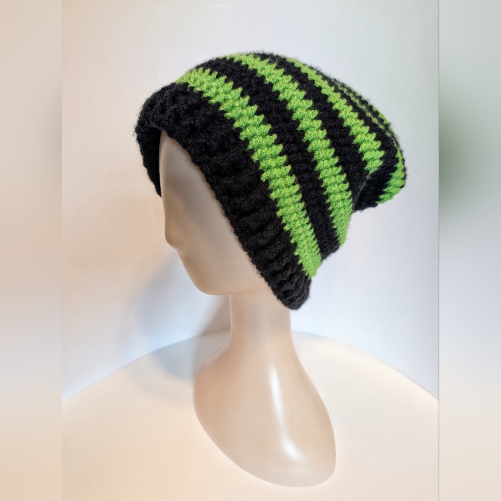 NEW, Green & Black striped slouchy beanie, Crochet, Handmade